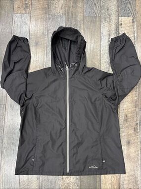 Eddie Bauer Men’s Black Hooded windbreaker with Silver Zipper